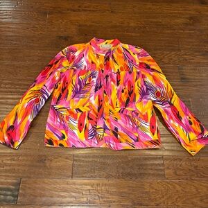 Life Style Bright Colorful Zip Up Jacket Blazer Abstract Feathers Bold Large